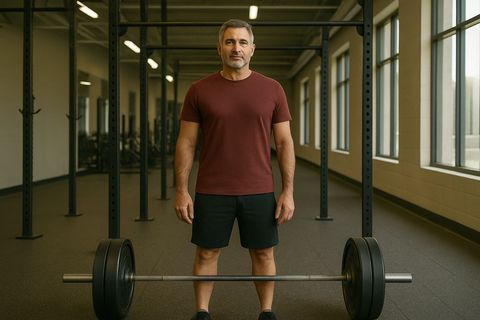 Man standing behind a loaded barbell in a gym