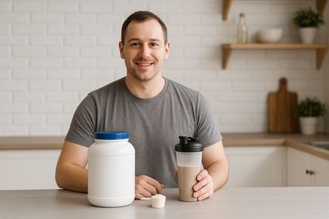 Man holding a protein shake beside a supplement container