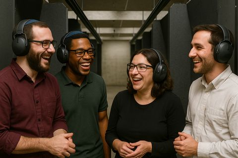 Four people wearing hearing protection and talking at an indoor range